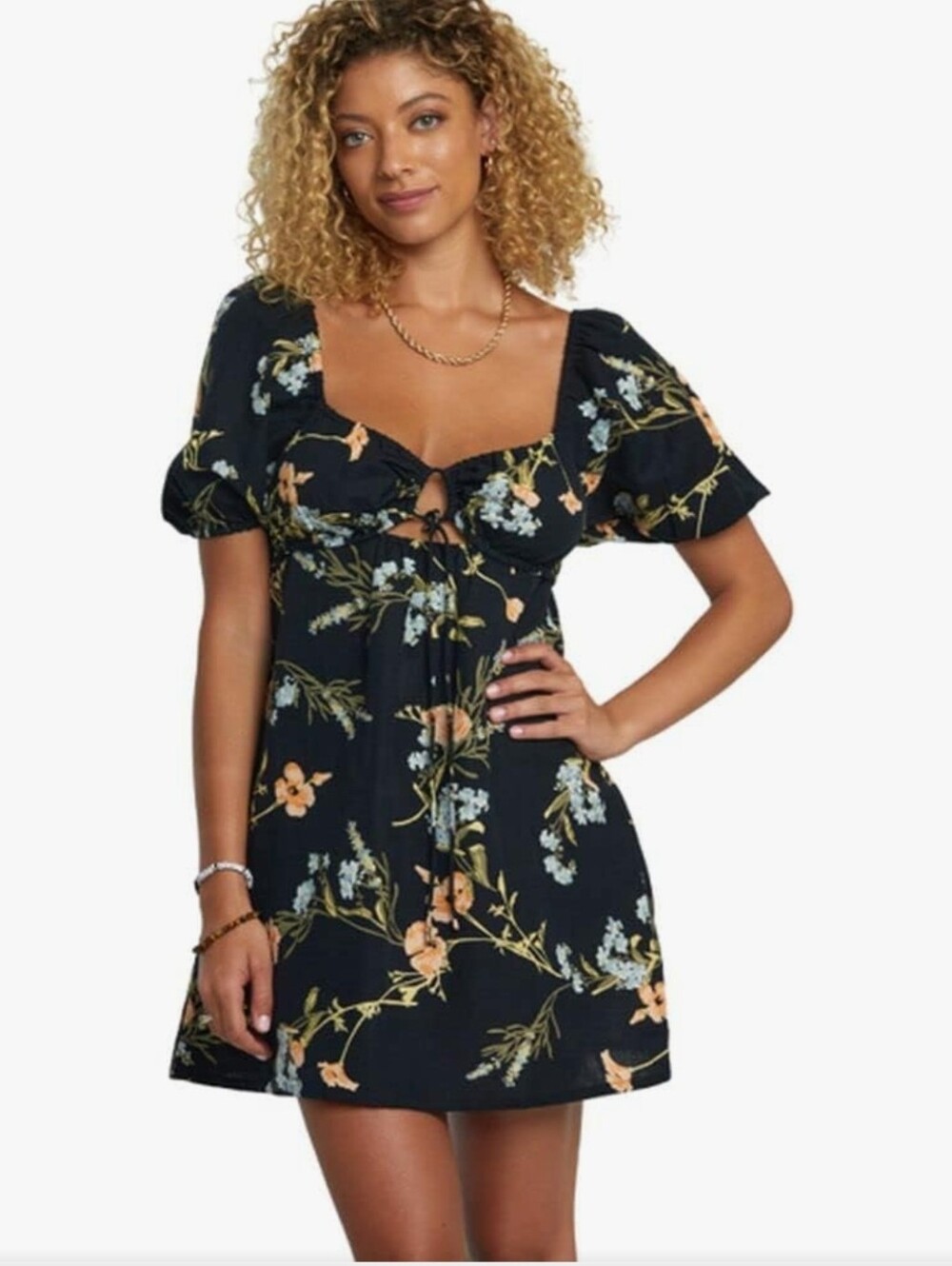 RVCA Women's Linen Blend Floral Mini Dress XS Black Puff Sleeve Cottagecore NWT